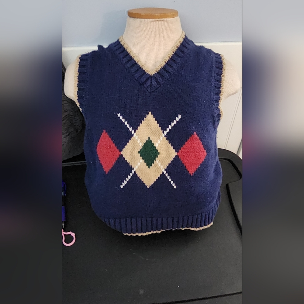 Kids Argyle Sweater Vest - Navy, Red, and Beige Vintage Size 5